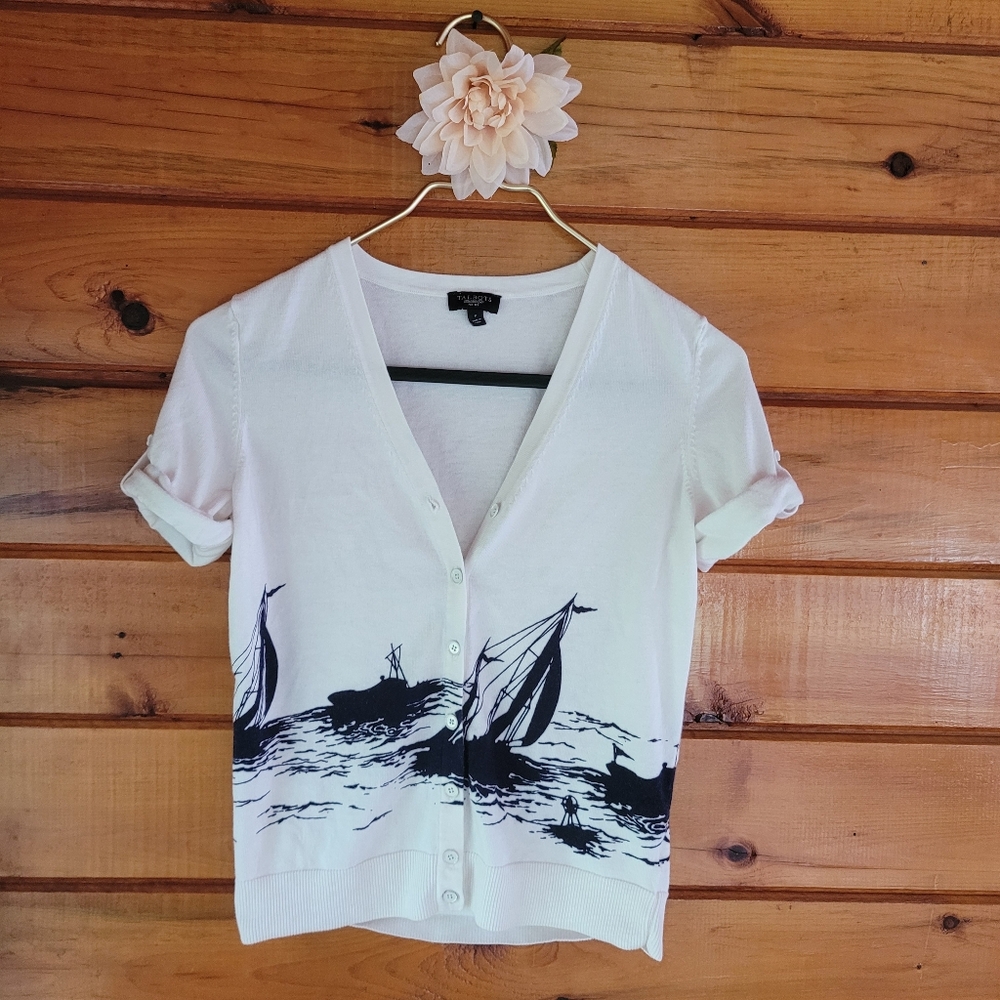 Talbots White Graphic Short Sleeve Cardigan